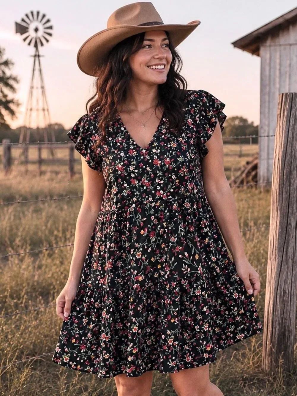 Evelyn Ditsy Floral Tiered Babydoll Dress Mini VNeck Black Pink Multi S